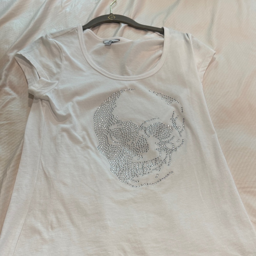 White Short-Sleeve Tee with Rhinestone Skull Detail